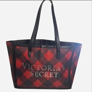Victoria’s Secret Red Plaid Carryall Tote Faux Leather Canvas Like Material EUC